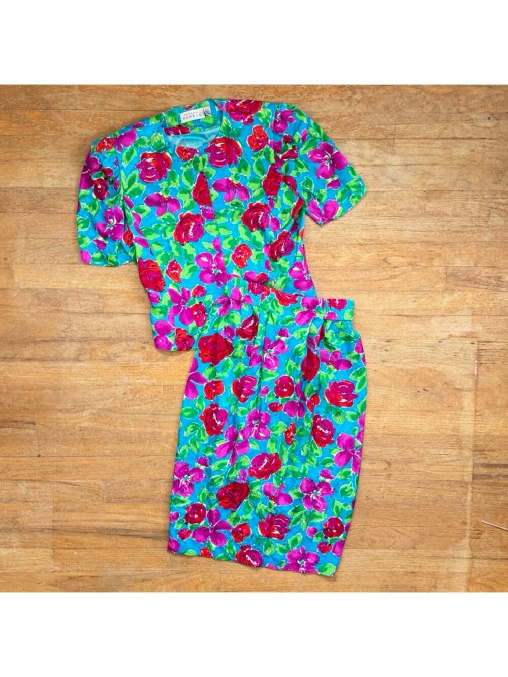 Vintage Floral Silk Dress Set Size Small 90s Embossed Roses Print Skirt & Top  2